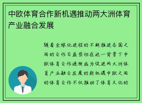 中欧体育合作新机遇推动两大洲体育产业融合发展